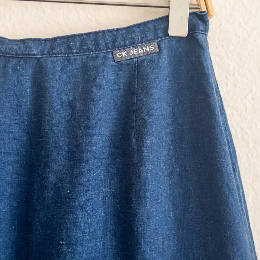 Calvin Klein CK Jeans Size 10 Blue Linen Faux Wrap Maxi Skirt Vintage